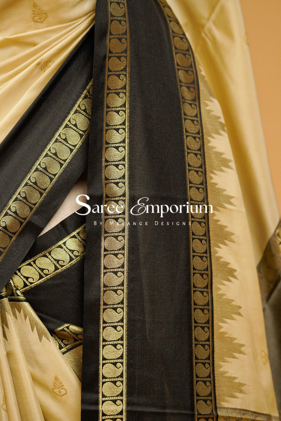 Semi Silk Saree For Women Cream with Black Side View.