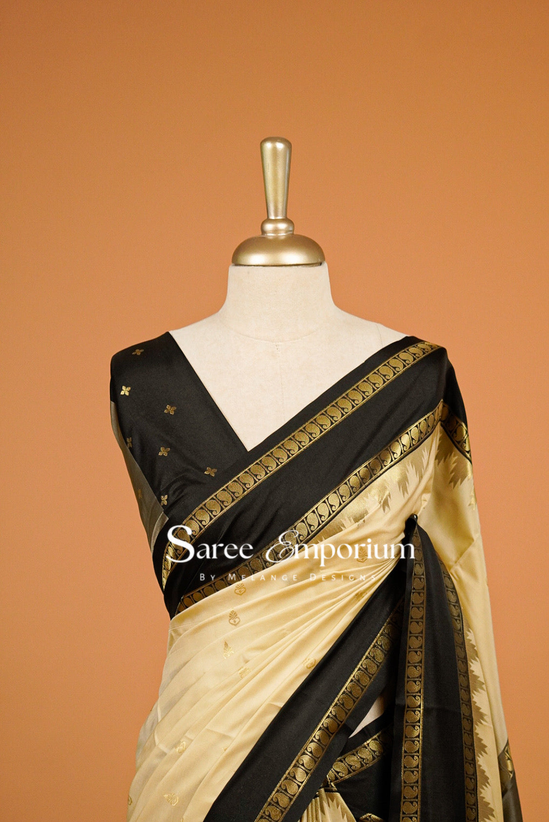 Semi Silk Saree For Women Cream with Black Close Up.