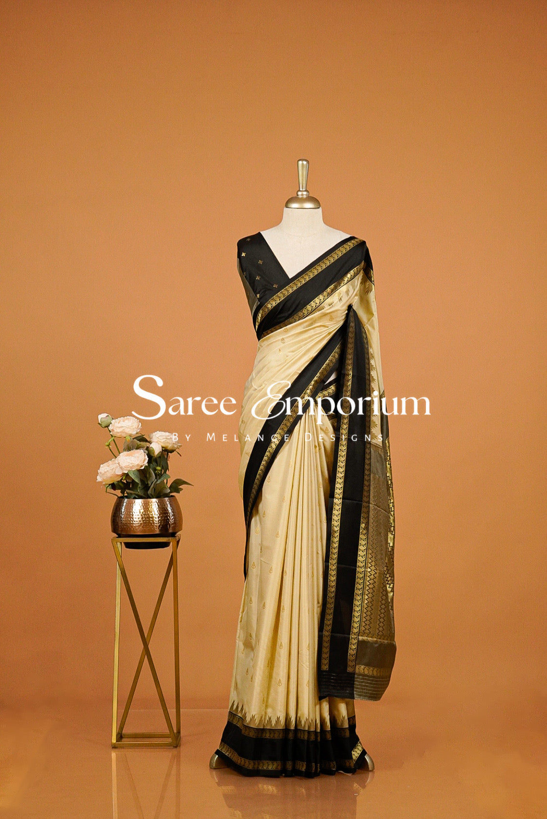Semi Silk Saree For Women Cream with Black