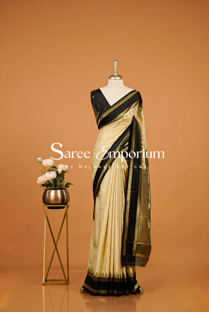 Semi Silk Saree For Women Cream with Black