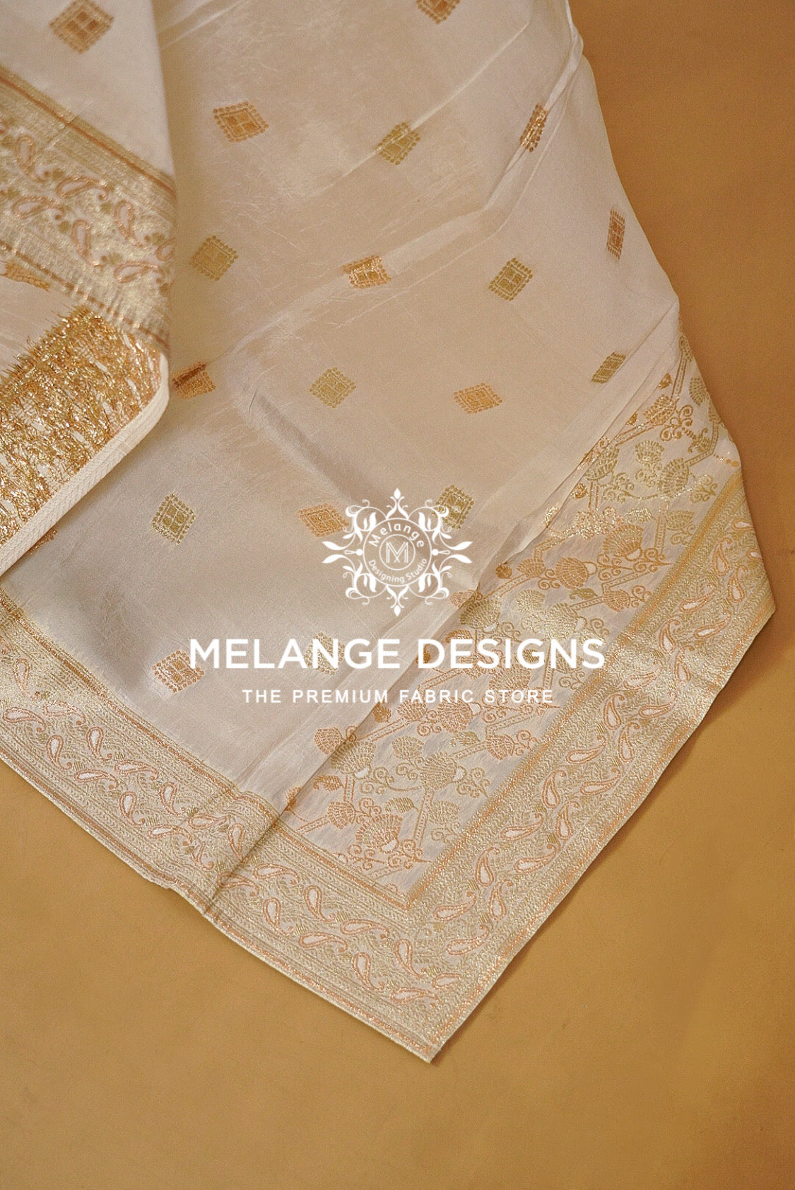 Silk Banarasi Dupatta For Women White with Antique Gold BJ0089