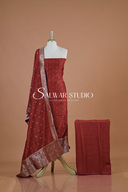 Silk Banarasi Unstitched Salwar Suit Dress Material Reddish  Maroon AC0198