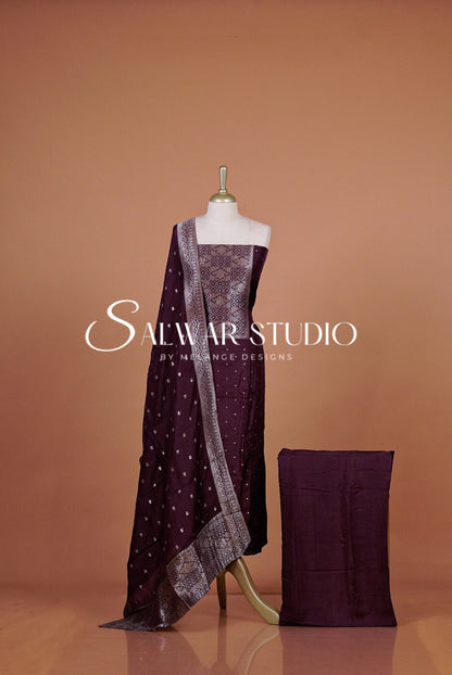 Silk Banarasi Unstitched Salwar Suit Dress Material Wine Purple AC0339