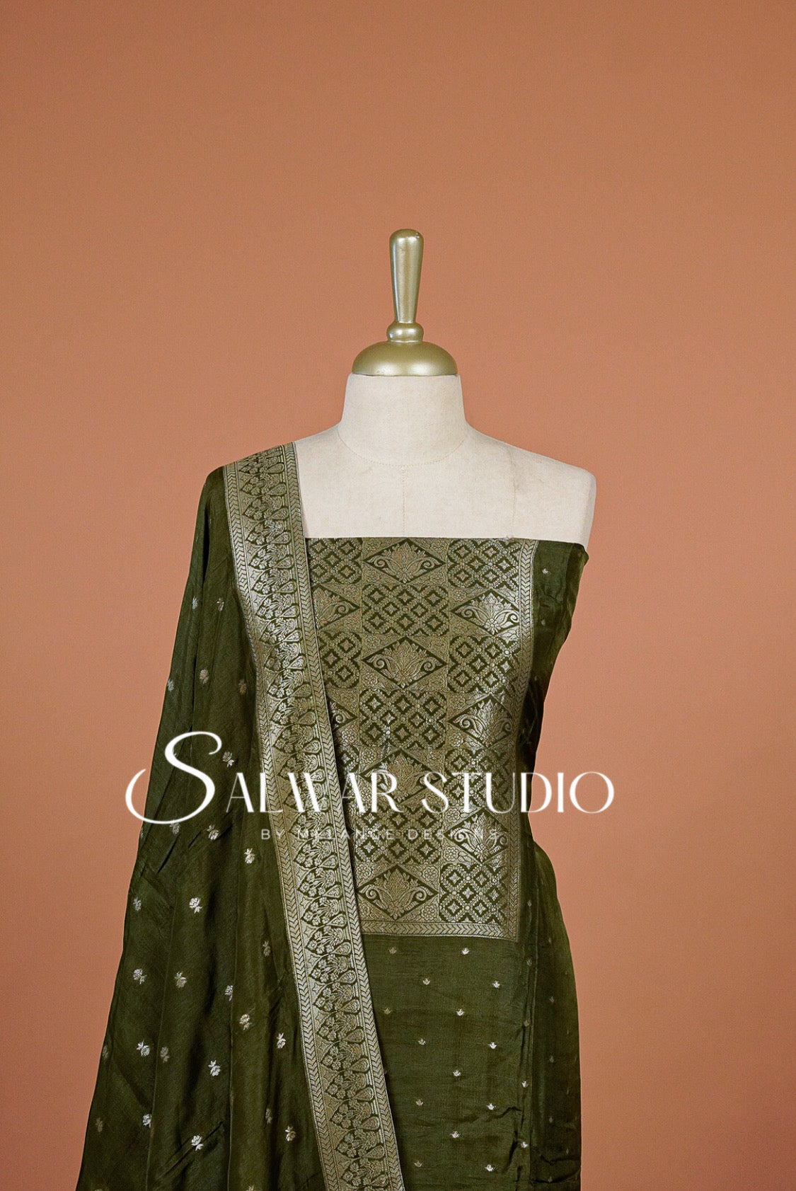 Silk Banarasi Unstitched Salwar Suit Dress Material Olive Green AC0340