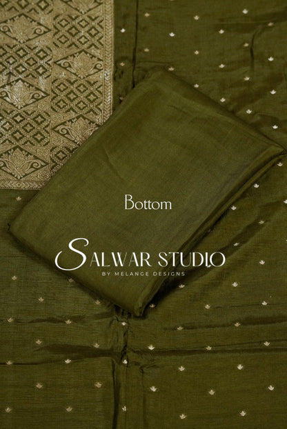 Silk Banarasi Unstitched Salwar Suit Dress Material Olive Green AC0340