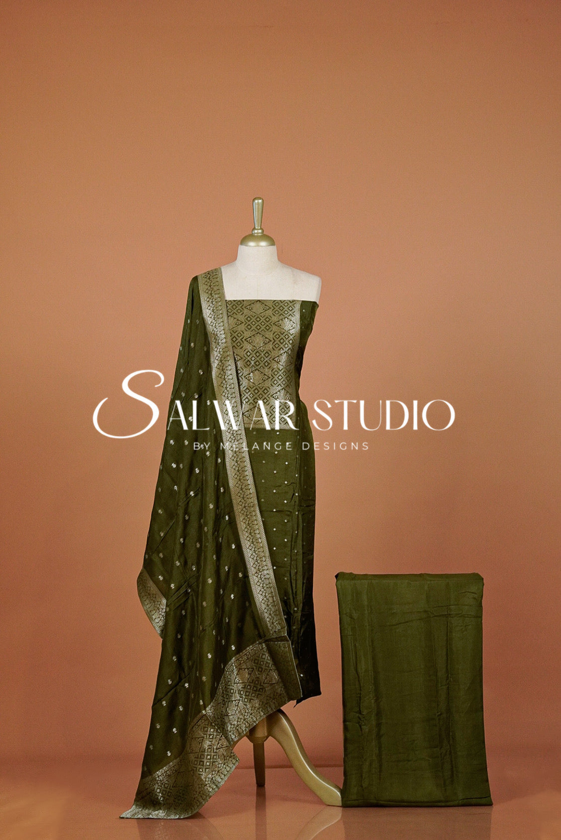 Silk Banarasi Unstitched Salwar Suit Dress Material Olive Green AC0340