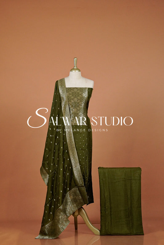Silk Banarasi Unstitched Salwar Suit Dress Material Olive Green AC0340