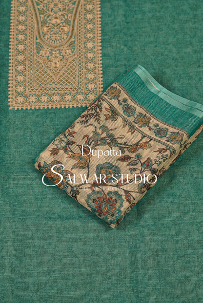 Silk Embroidery Unstitched Salwar Suit Dress Material Turquoise Blue AC0210