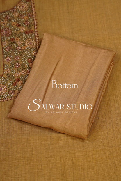 Silk Embroidery Unstitched Salwar Suit Material Antique Mustard Gold 
