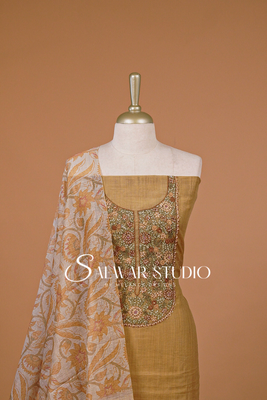 Silk Embroidery Unstitched Salwar Suit Material Antique Mustard Gold 