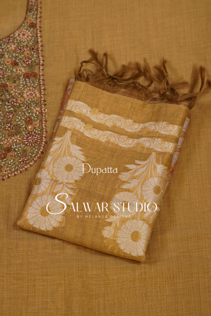 Silk Embroidery Unstitched Salwar Suit Material Antique Mustard Gold 