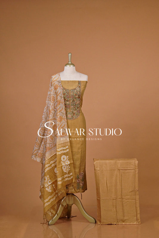 Silk Embroidery Unstitched Salwar Suit Material Antique Mustard Gold 