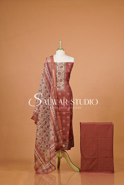 Silk Embroidery Unstitched Salwar Suit Material Brick Red