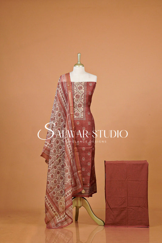 Silk Embroidery Unstitched Salwar Suit Material Brick Red