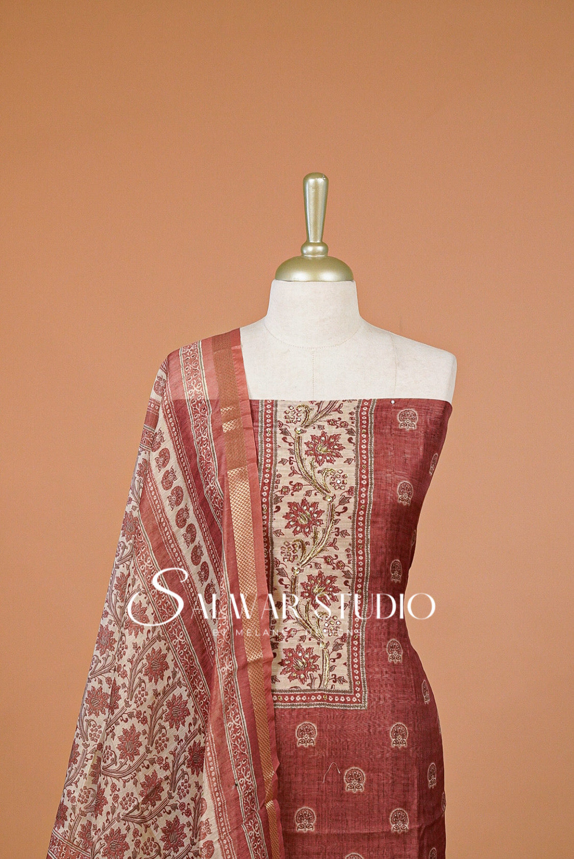 Silk Embroidery Unstitched Salwar Suit Material Brick Red