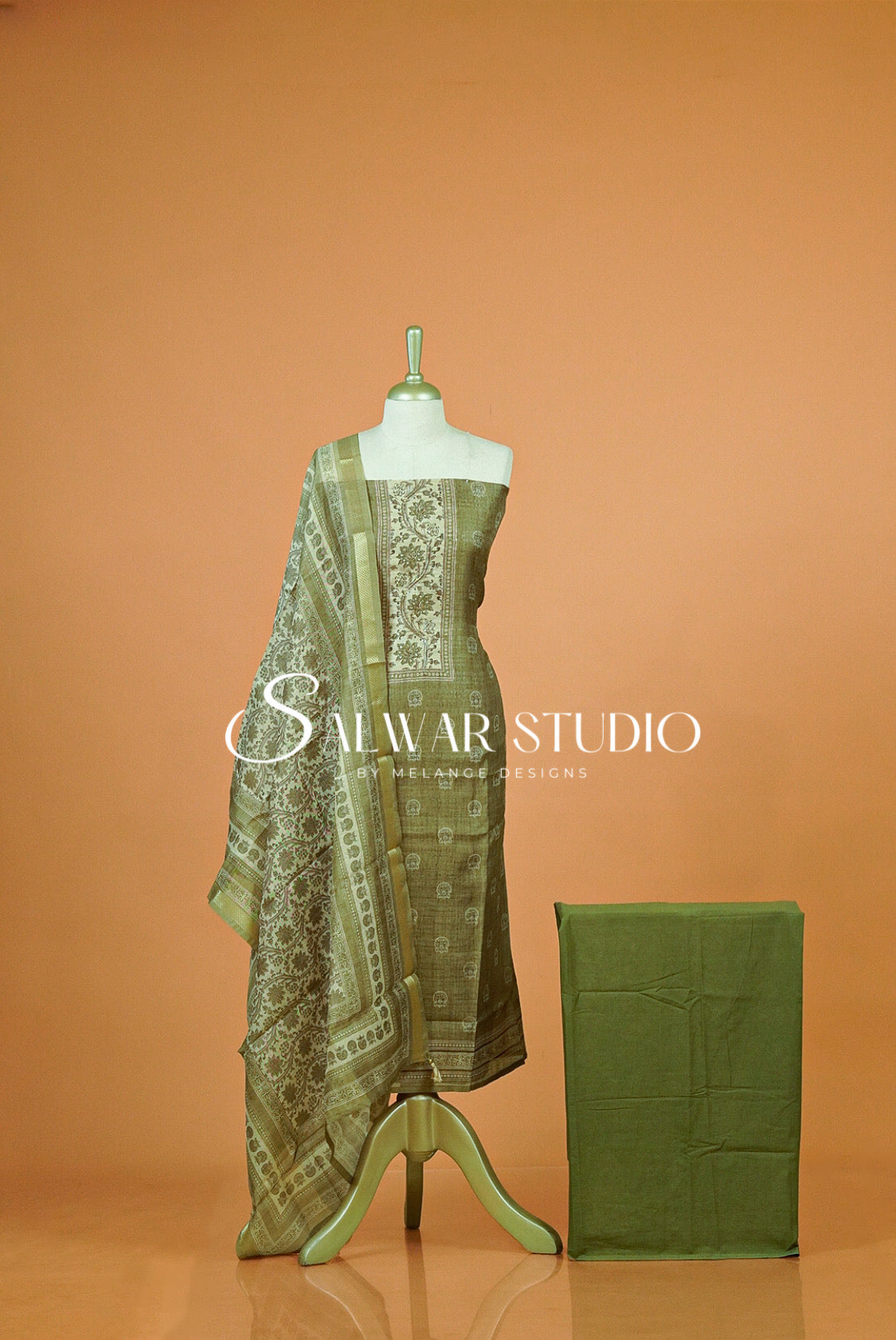 Silk Embroidery Unstitched Salwar Suit Material Olive Green 
