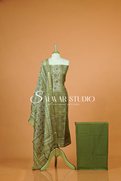 Silk Embroidery Unstitched Salwar Suit Material Olive Green 