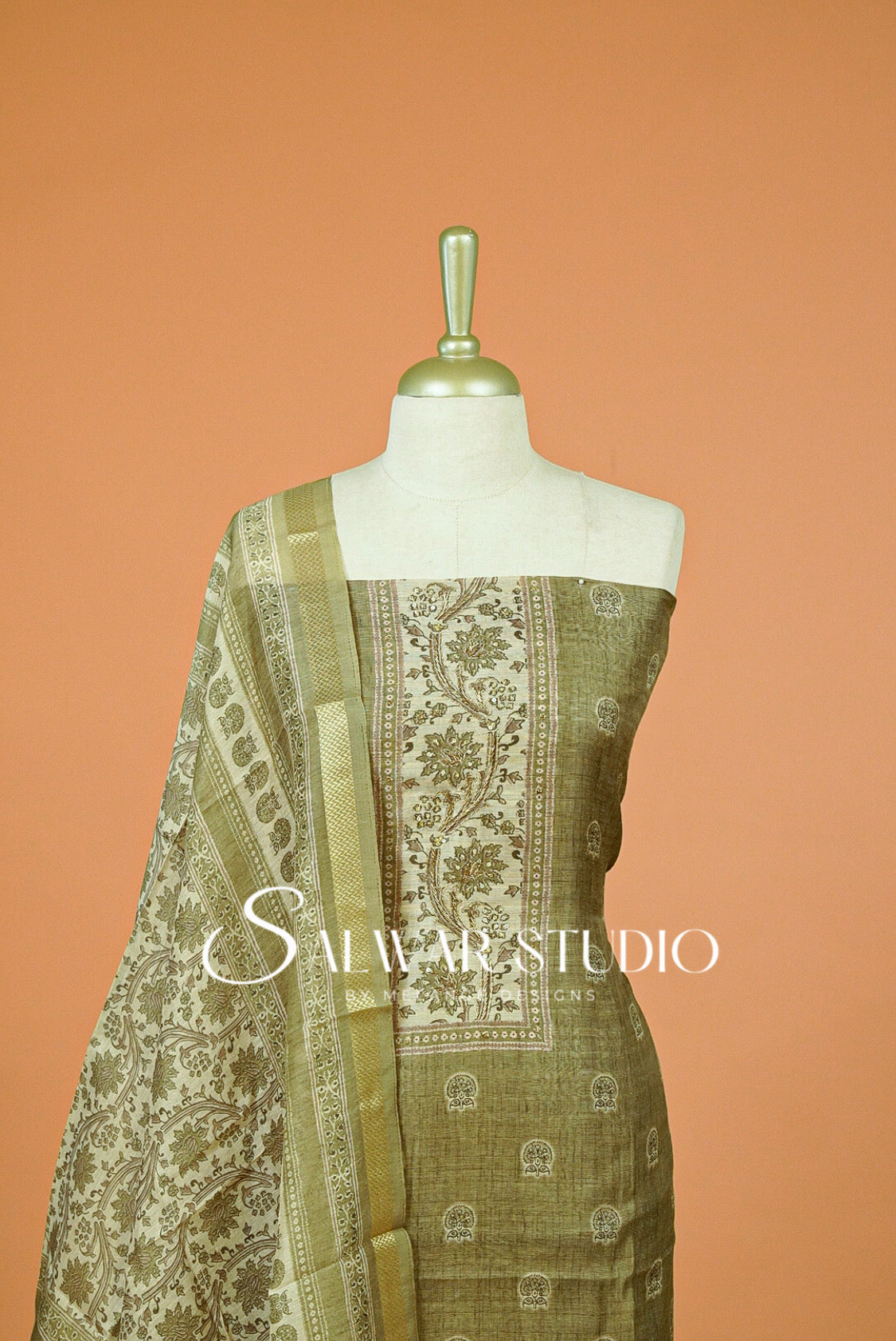 Silk Embroidery Unstitched Salwar Suit Material Olive Green 