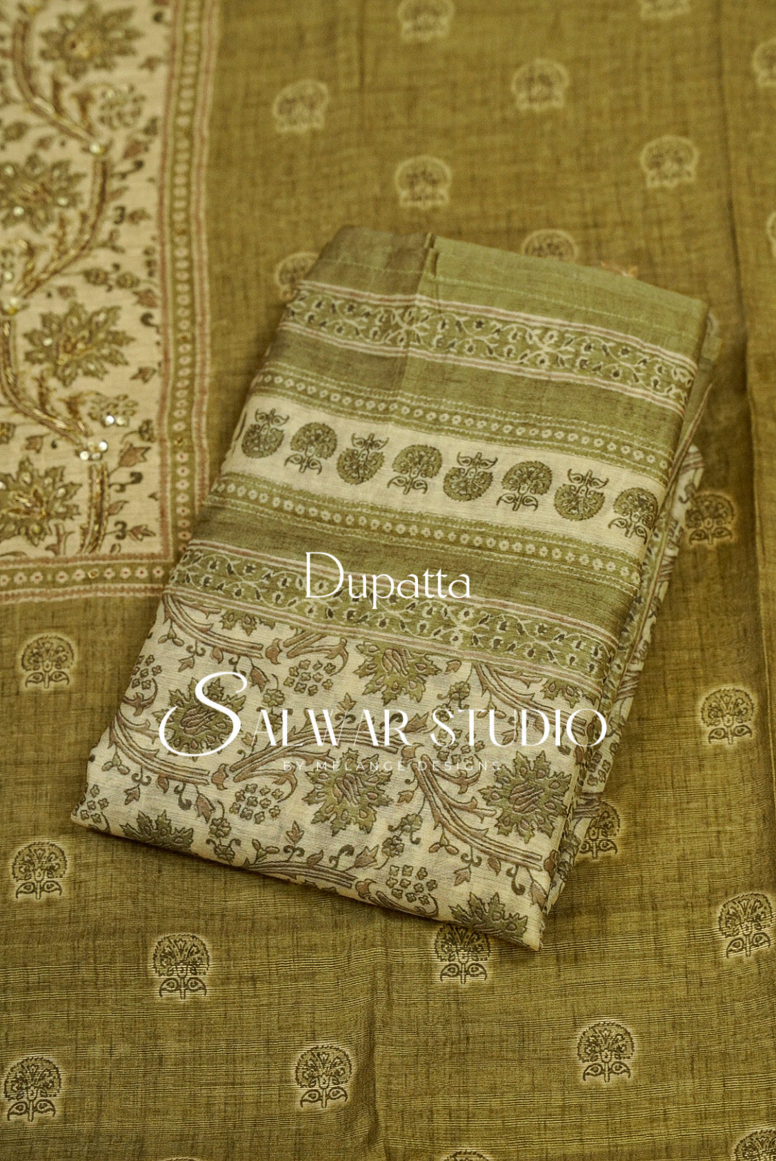 Silk Embroidery Unstitched Salwar Suit Material Olive Green 