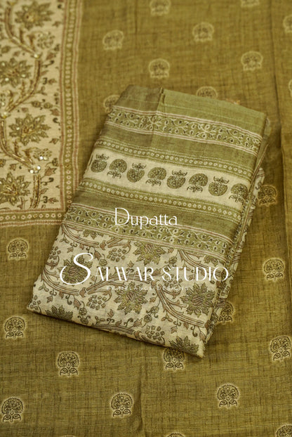 Silk Embroidery Unstitched Salwar Suit Material Olive Green 