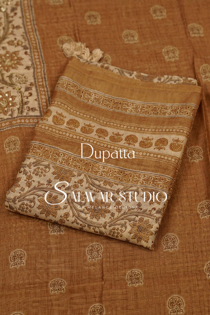 Silk Embroidery Unstitched Salwar Suit Material Caramel Brown