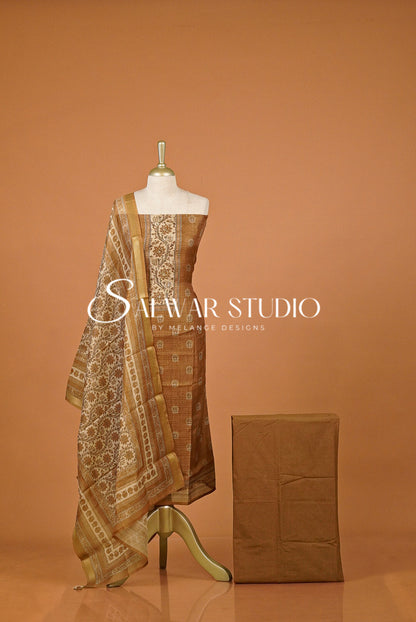 Silk Embroidery Unstitched Salwar Suit Material Caramel Brown