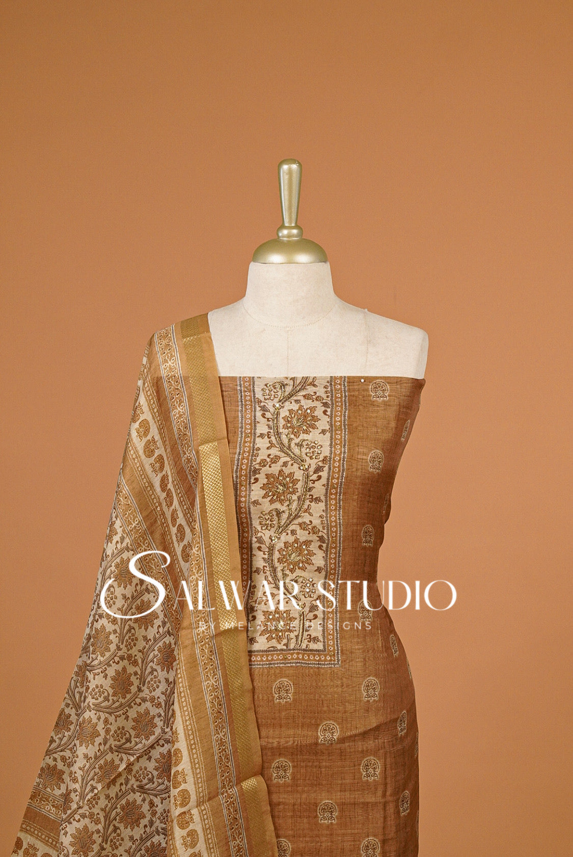Silk Embroidery Unstitched Salwar Suit Material Caramel Brown