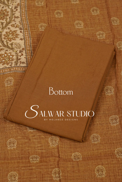 Silk Embroidery Unstitched Salwar Suit Material Caramel Brown