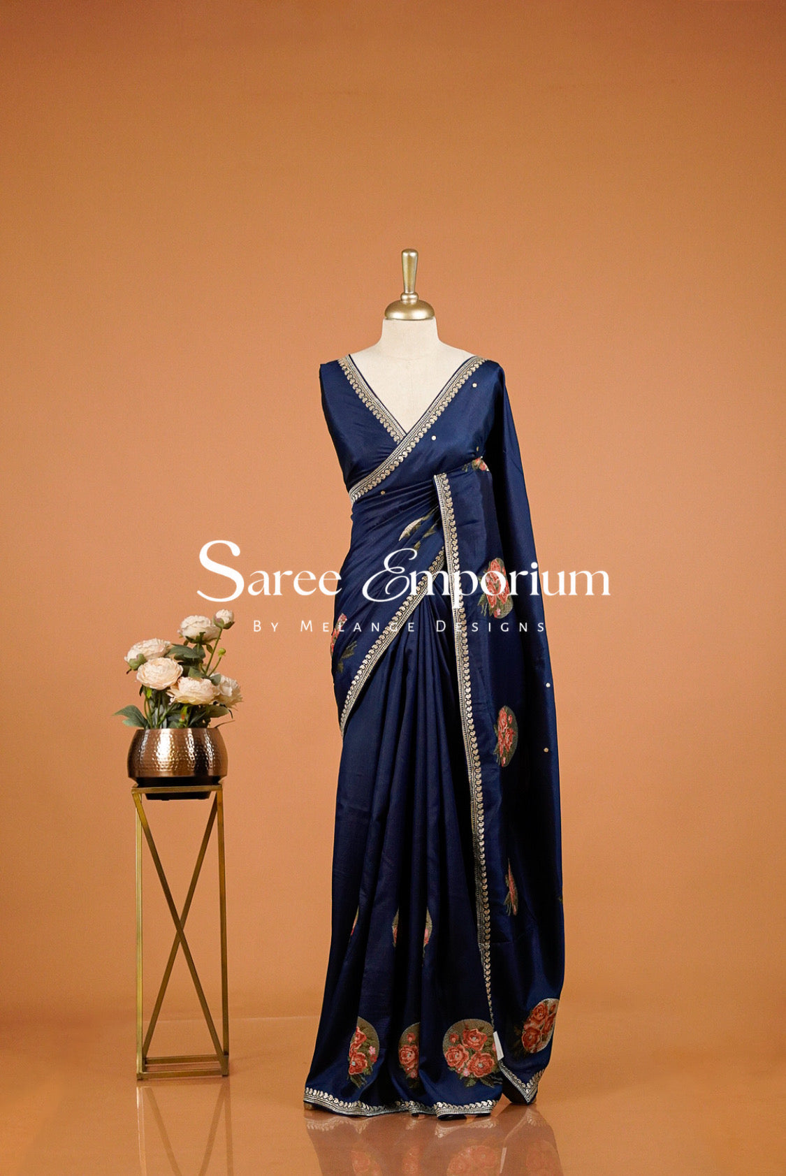 Silk Embroidery Saree For Women Deep Navy Blue.