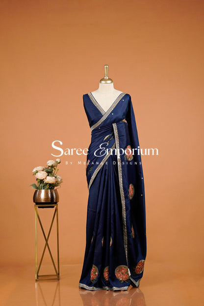 Silk Embroidery Saree For Women Deep Navy Blue.