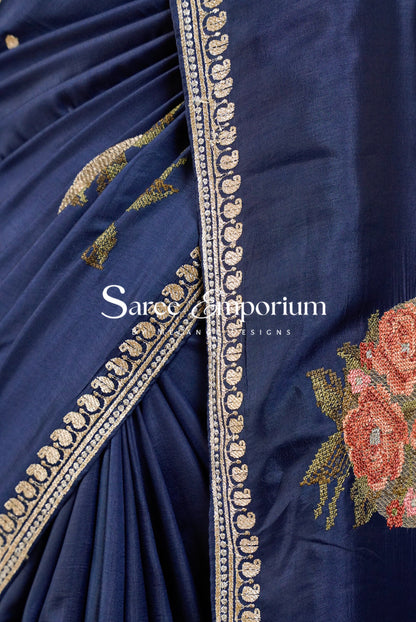 Silk Embroidery Saree For Women Deep Navy Blue Side View.