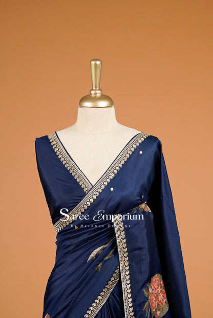 Silk Embroidery Saree For Women Deep Navy Blue Clos Up.