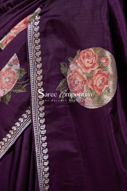 Silk Embroidery Saree For Women Deep Plum Side View.