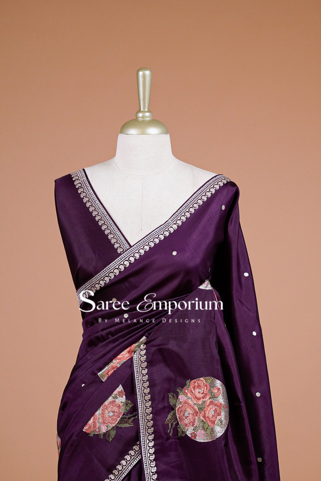 Silk Embroidery Saree For Women Deep Plum Close Up.