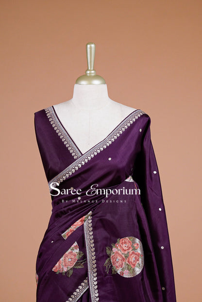 Silk Embroidery Saree For Women Deep Plum Close Up.