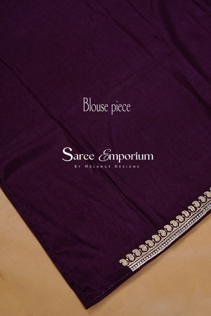 Silk Embroidery Saree For Women Deep Plum Blouse Piece.