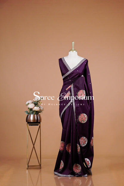 Silk Embroidery Saree For Women Deep Plum.