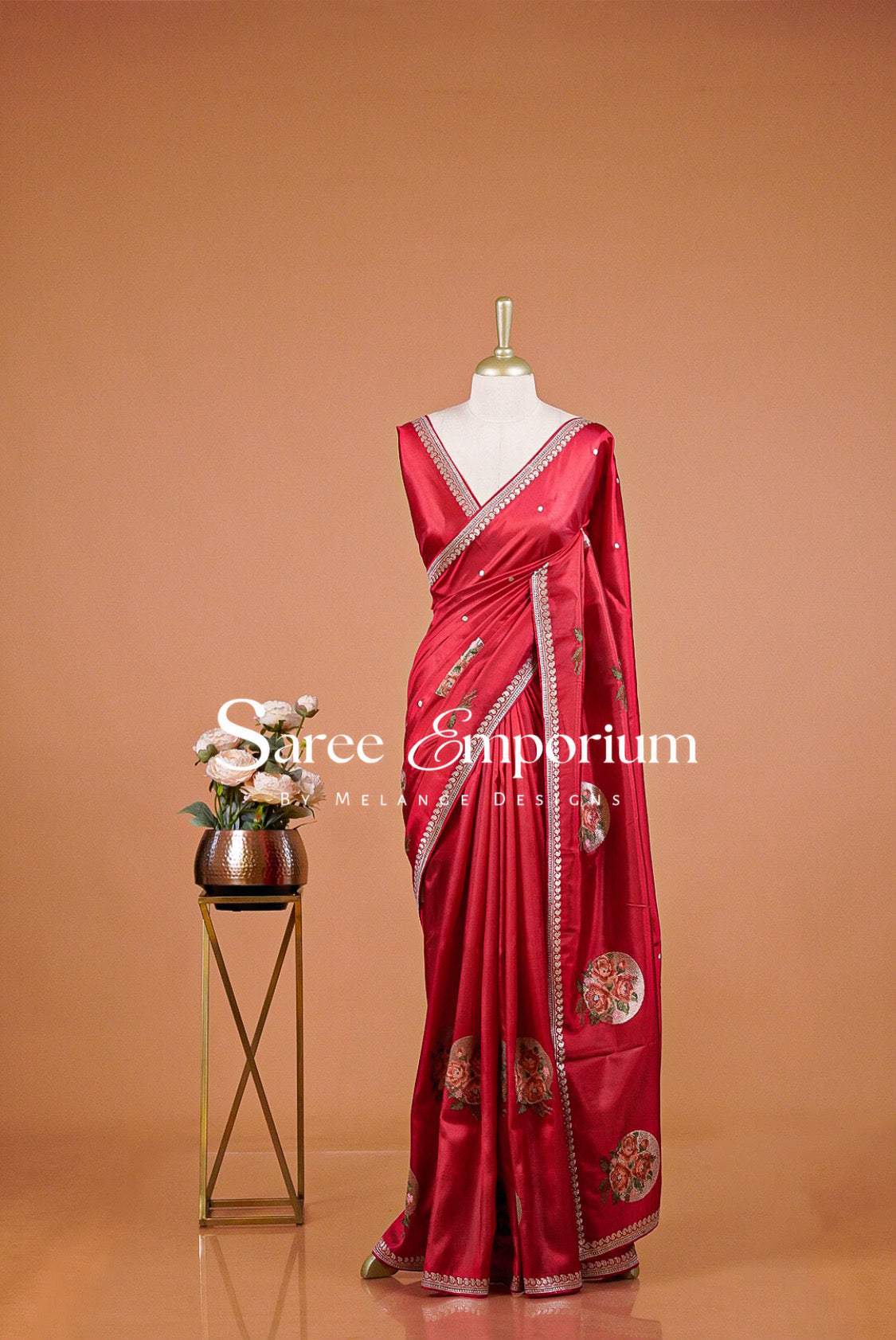 Silk Embroidery Saree For Women Ruby Red .