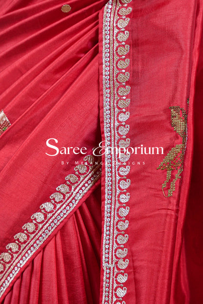 Silk Embroidery Saree For Women Ruby Red Side View.