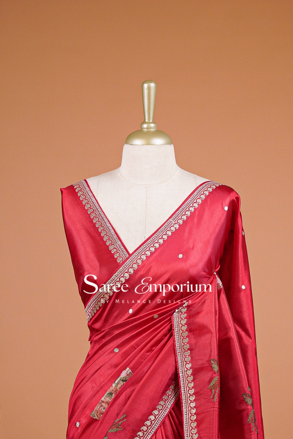 Silk Embroidery Saree For Women Ruby Red Close Up.