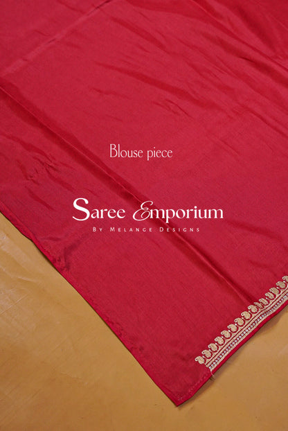 Silk Embroidery Saree For Women Ruby Red Blouse Piece.