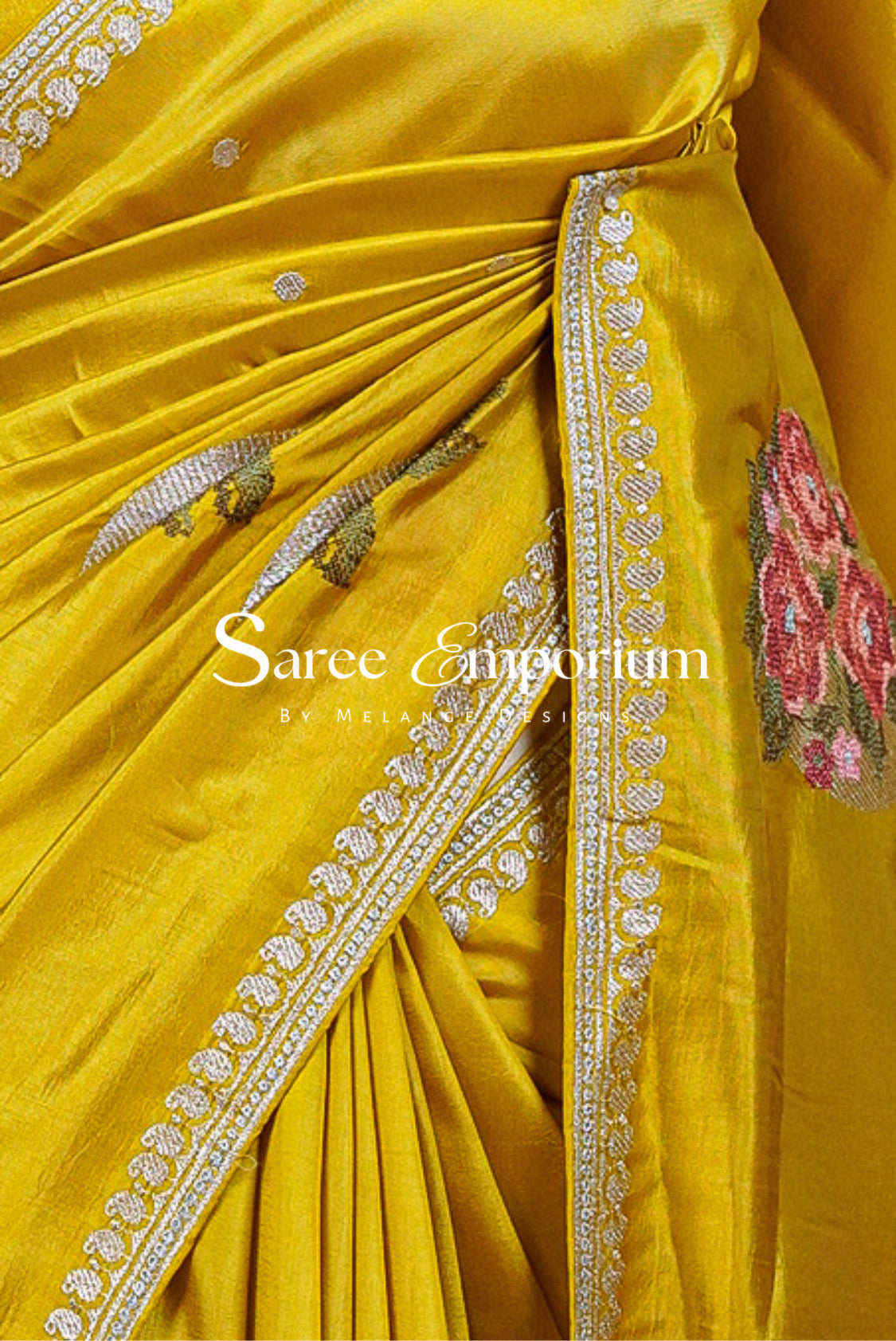 Silk Embroidery Saree For Women Mustard Yellow Side View.