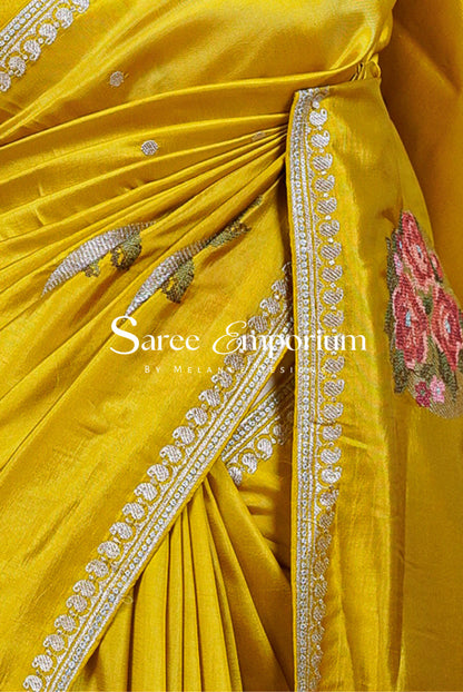 Silk Embroidery Saree For Women Mustard Yellow Side View.
