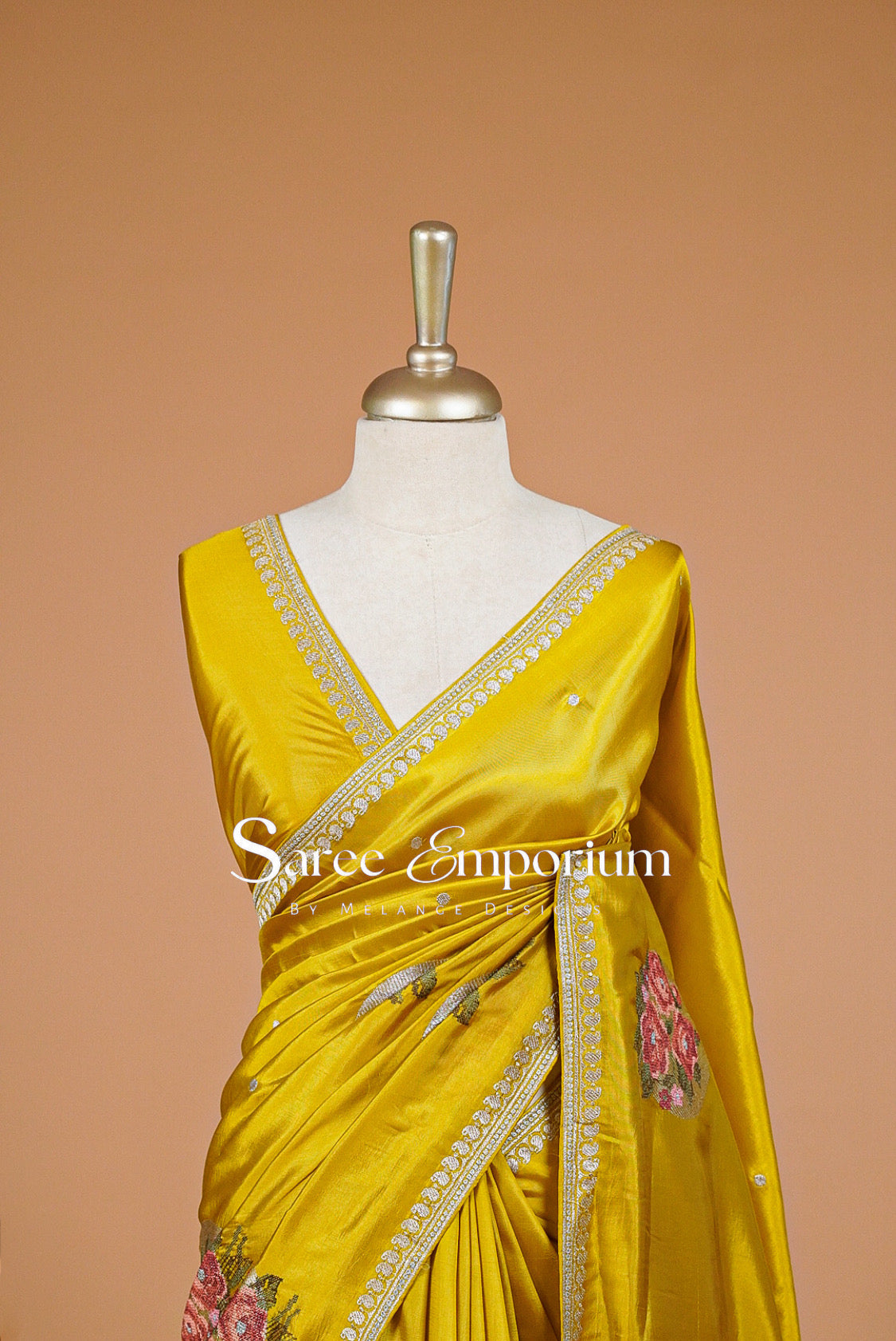 Silk Embroidery Saree For Women Mustard Yellow Close Up.