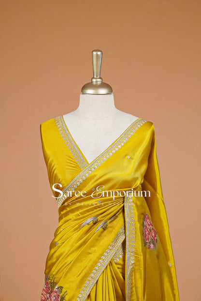 Silk Embroidery Saree For Women Mustard Yellow Close Up.