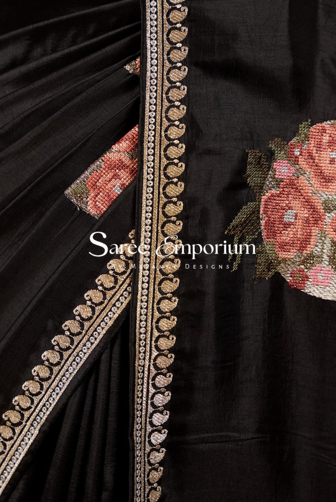 Silk Embroidery Saree For Women Black Side View.