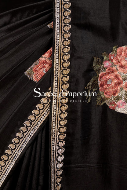 Silk Embroidery Saree For Women Black Side View.