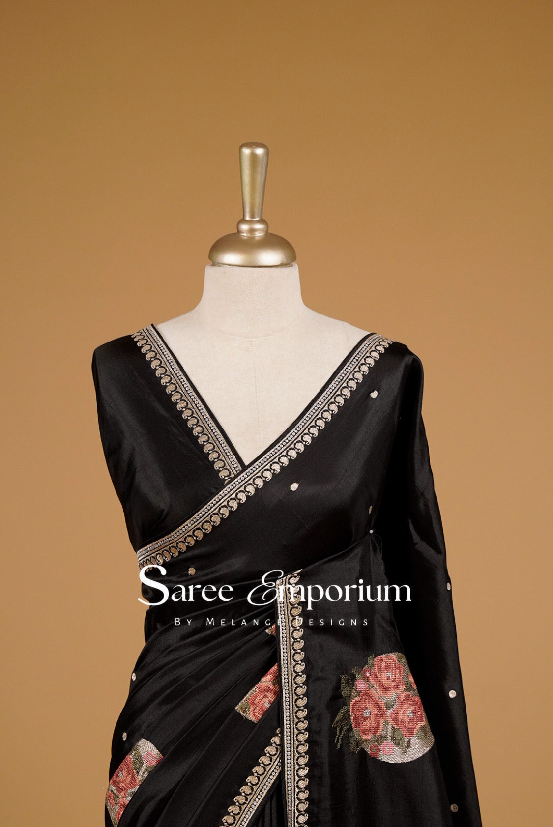 Silk Embroidery Saree For Women Black Close Up.