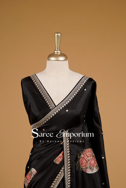 Silk Embroidery Saree For Women Black Close Up.
