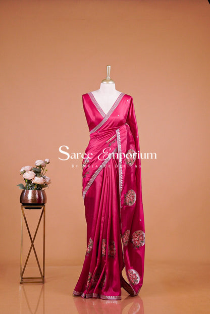 Silk Embroidery Saree For Women Rani Pink